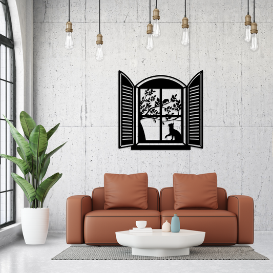 Cat in the Window and Bird on a Branch Metal Wall Art