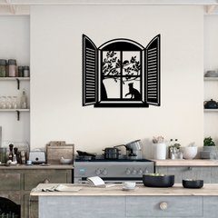 Cat in the Window and Bird on a Branch Metal Wall Art