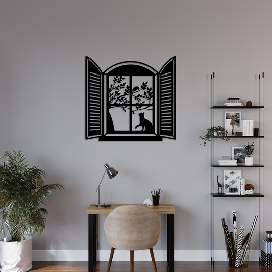 Cat in the Window and Bird on a Branch Metal Wall Art