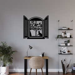Cat in the Window and Bird on a Branch Metal Wall Art
