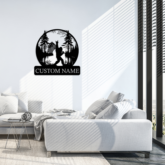 Custom Bigfoot US Flag Metal Wall Art